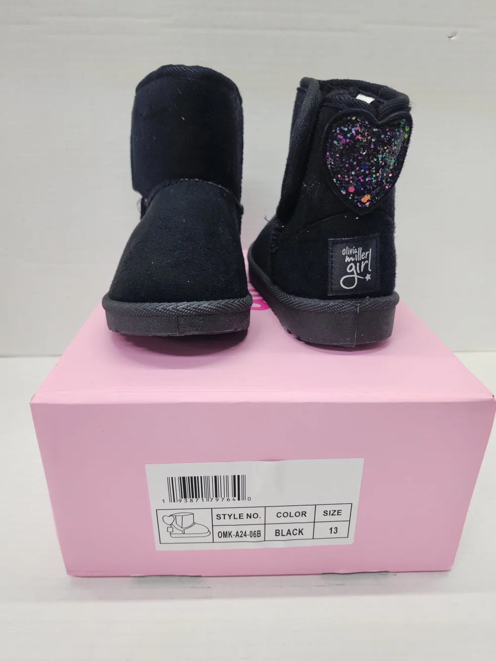 NWT NIB Olivia Miller Black Sparkle Heart Kids Boots Size 13